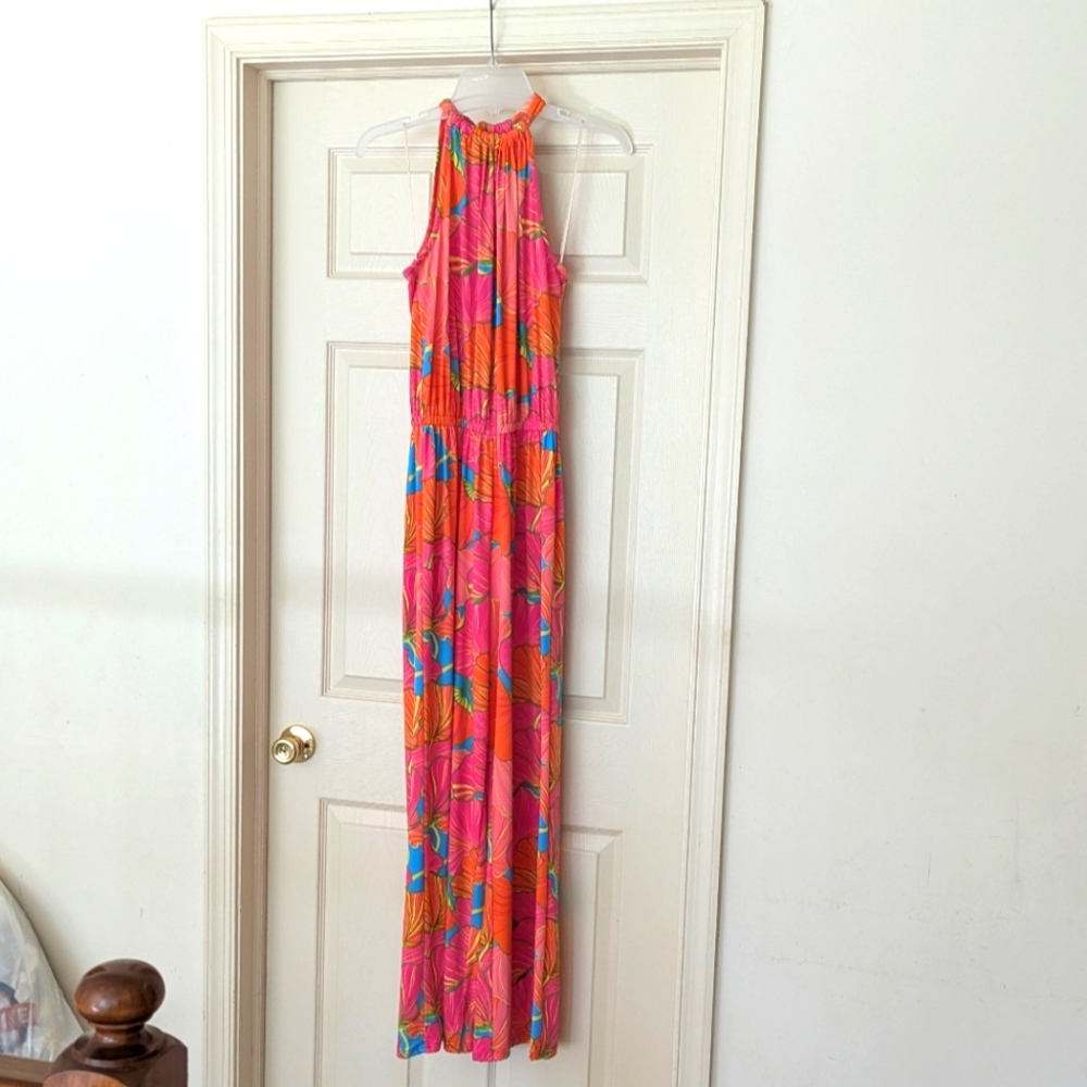 Vibrant Pink and Blue Halter Maxi Jumpsuit